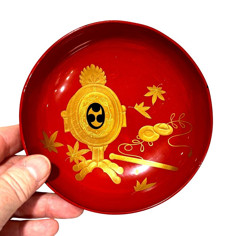 Red lacquerware set of 6 coasters with storage container & bowl yellow florals